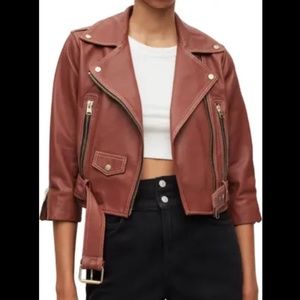 NWT $529 AllSaints Brookes Crop Leather Biker Jacket, SIENNA RED, Size 8 Regular